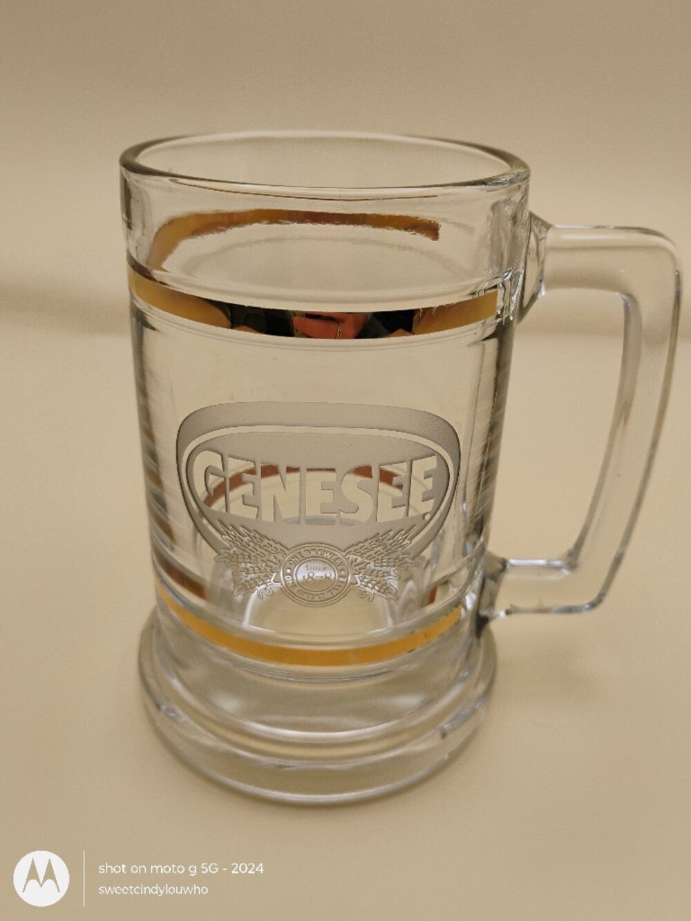 Genesee beer vintage clear glass beer stein etched logo with gold accents 1970s